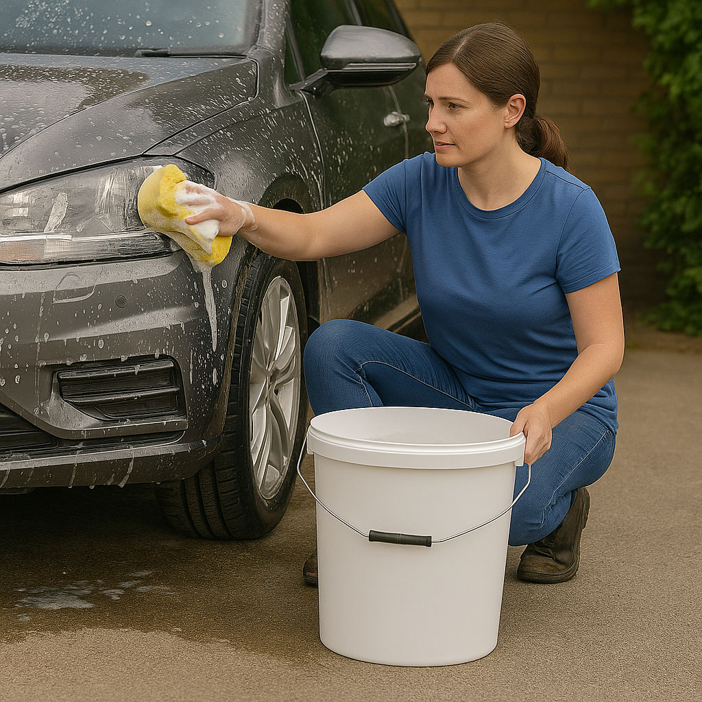 white builders mixing buckets with lids and metal handles, each with a 25-litre capacity lady washing car