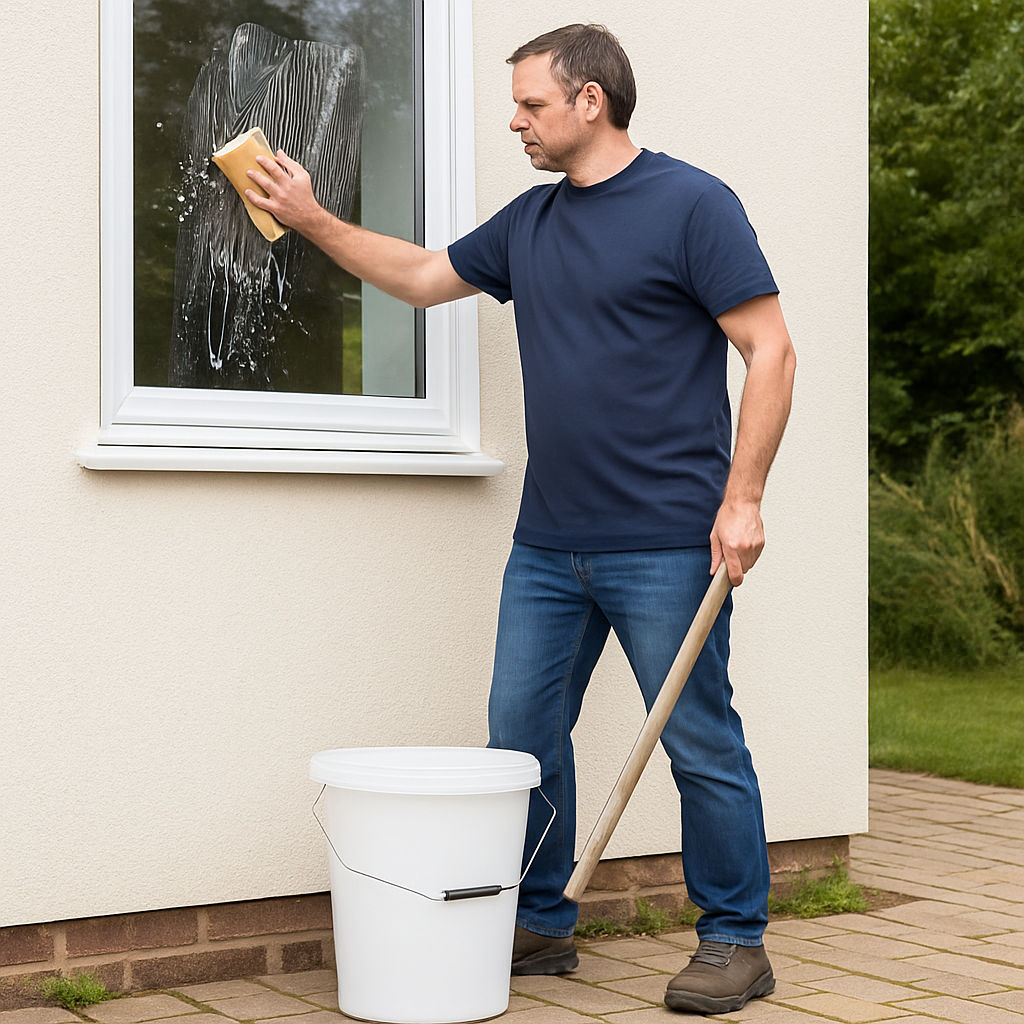 white builders mixing buckets with lids and metal handles, each with a 25-litre capacity man washing windows