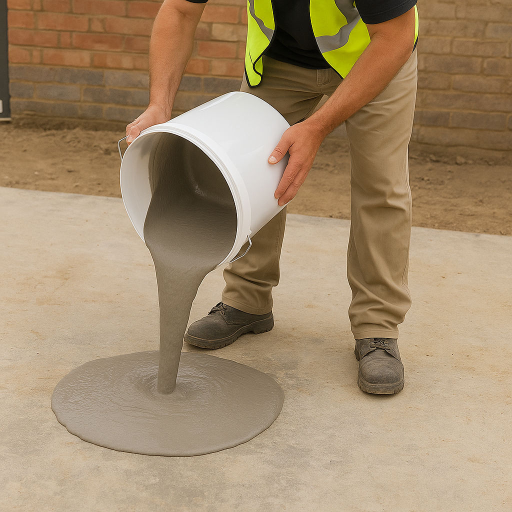 white builders mixing buckets with lids and metal handles, each with a 25-litre capacity pouring self levelling from bucket