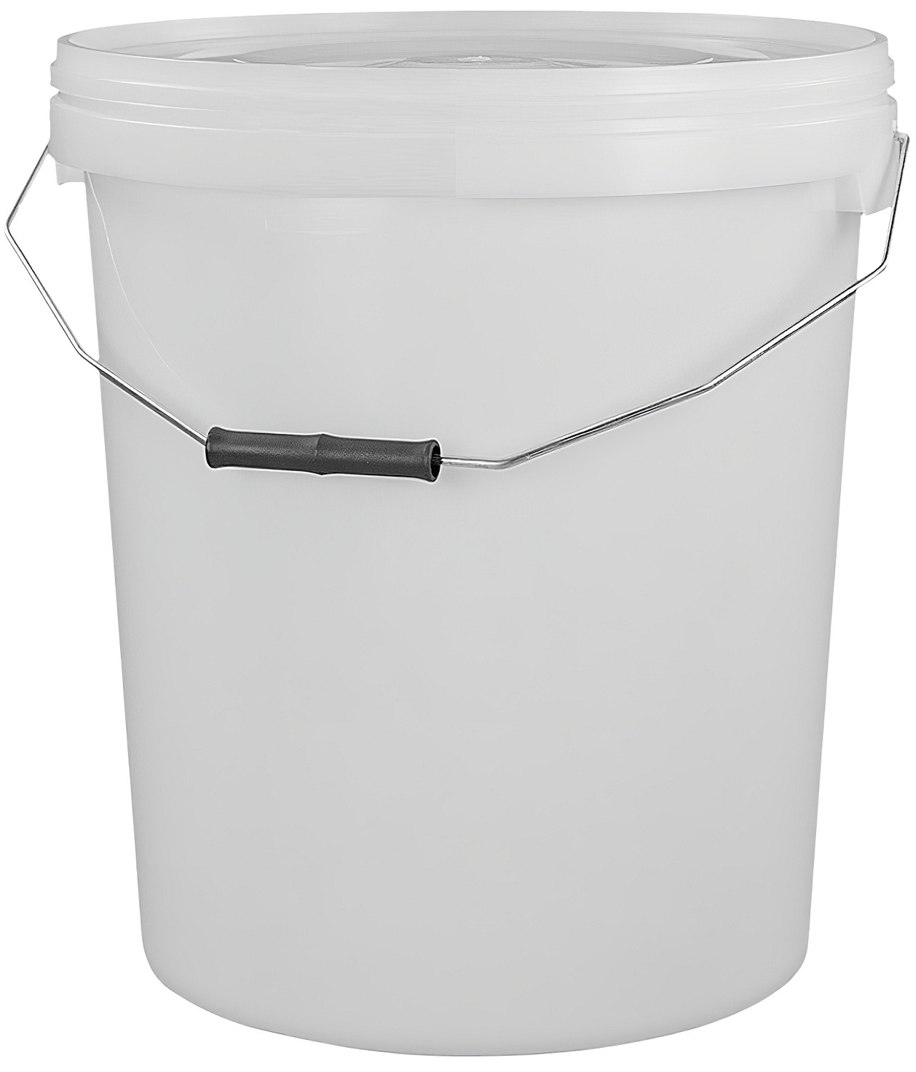 white builders mixing buckets with lids and metal handles, each with a 25-litre capacity.