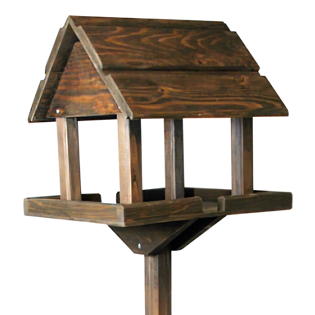Wooden rustic garden bird table with a sloped roof and open sides.