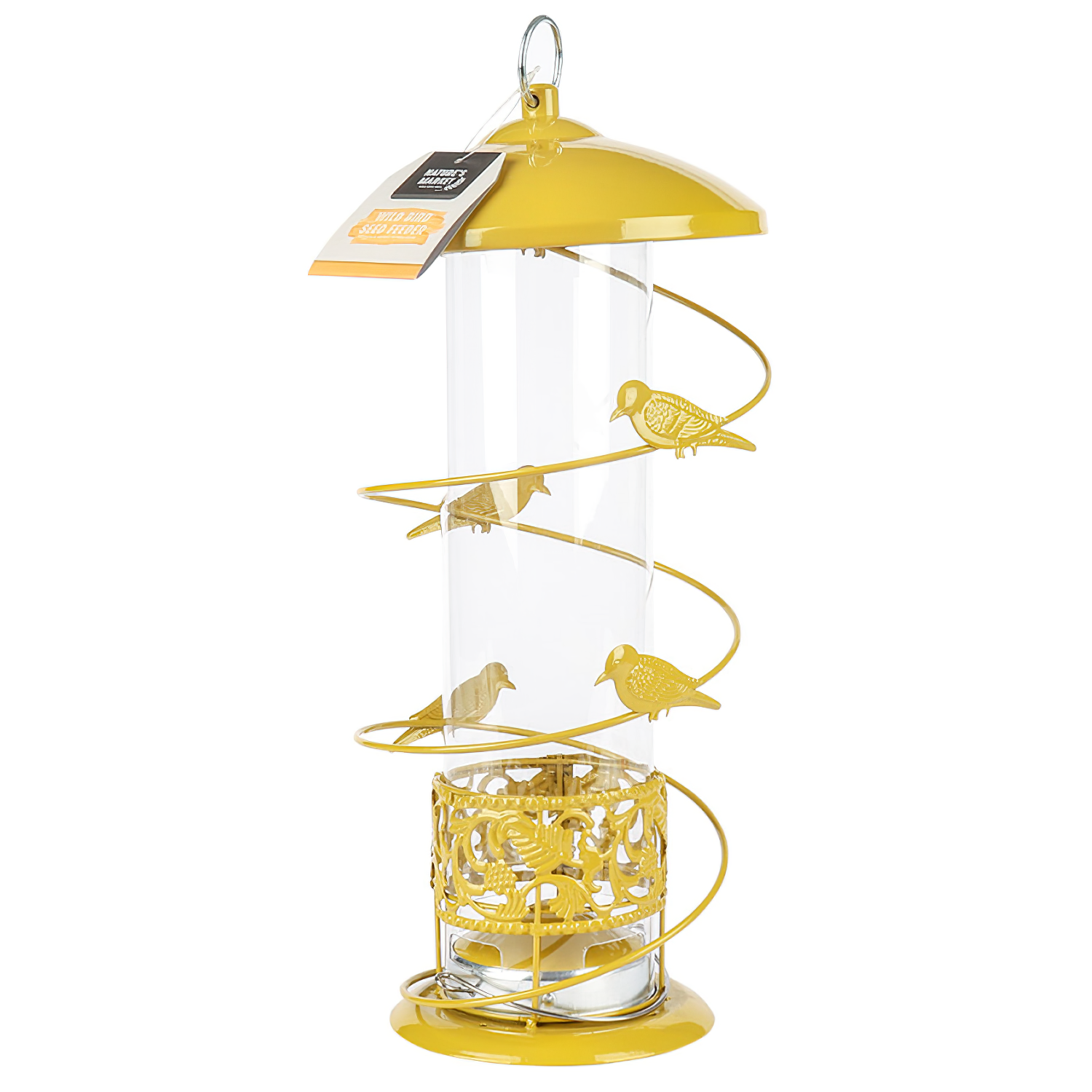 Yellow bird seed feeder with decorative bird design and spiral wire.