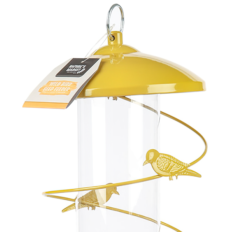 Yellow bird seed feeder with decorative bird design and a hanging loop.