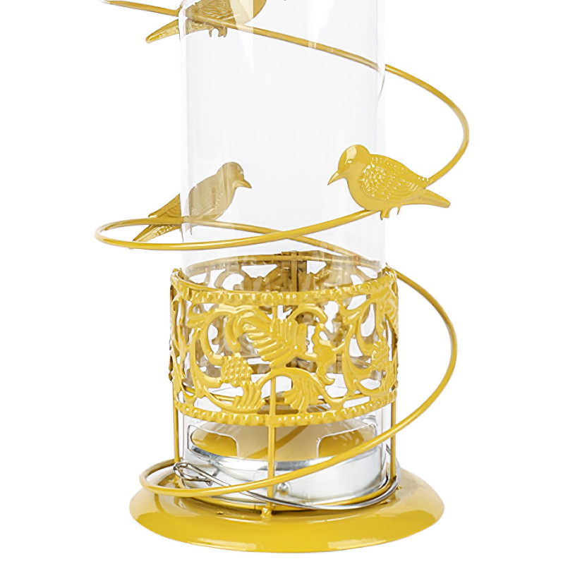 Yellow bird seed feeder with decorative bird designs and spiral perch.
