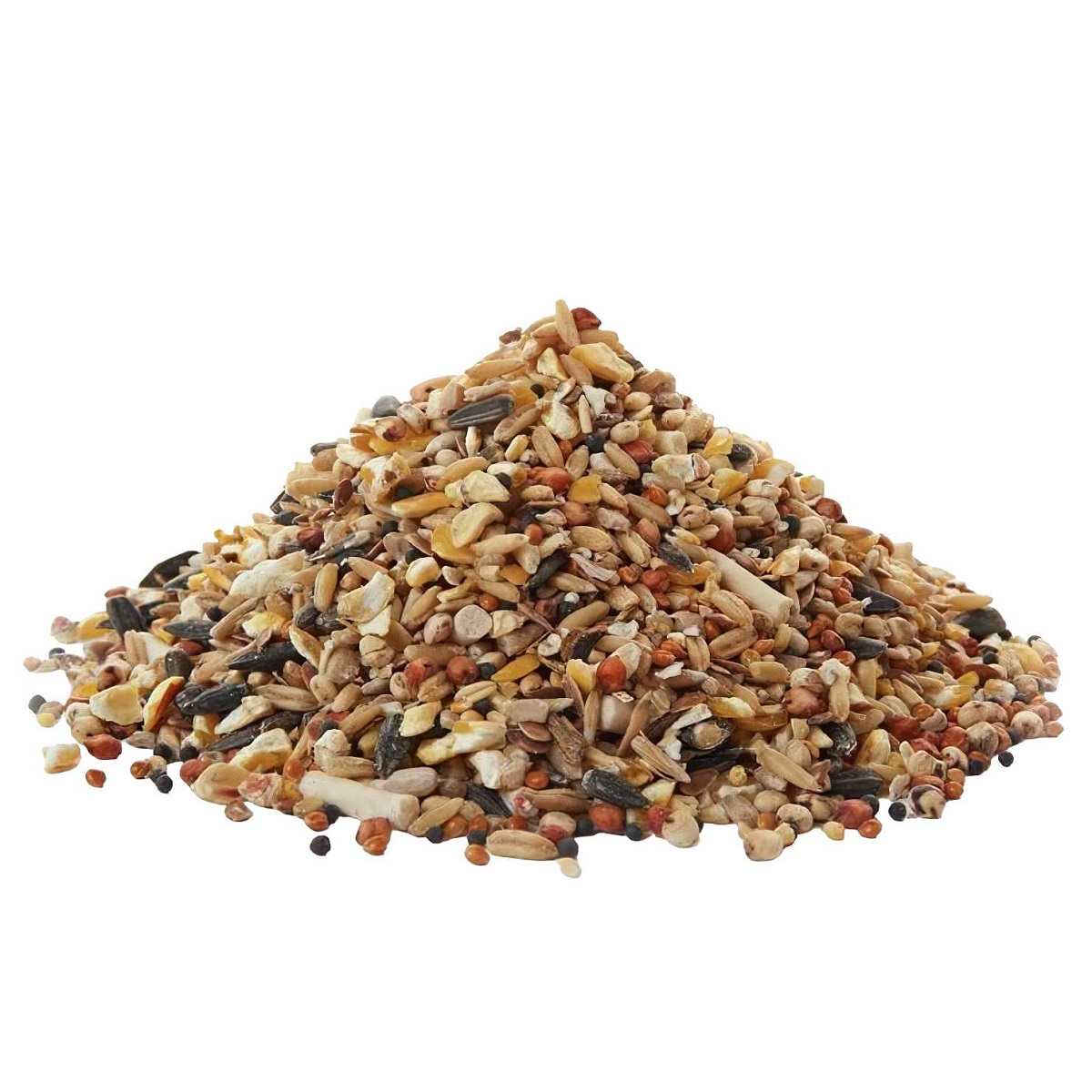 A pile of mixed bird seeds including various grains and nuts.