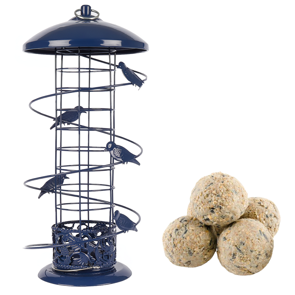 Blue bird feeder with decorative birds and suet balls for small birds.