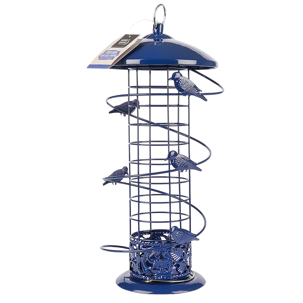 Blue bird food feeder with spiral design and decorative birds for small birds.