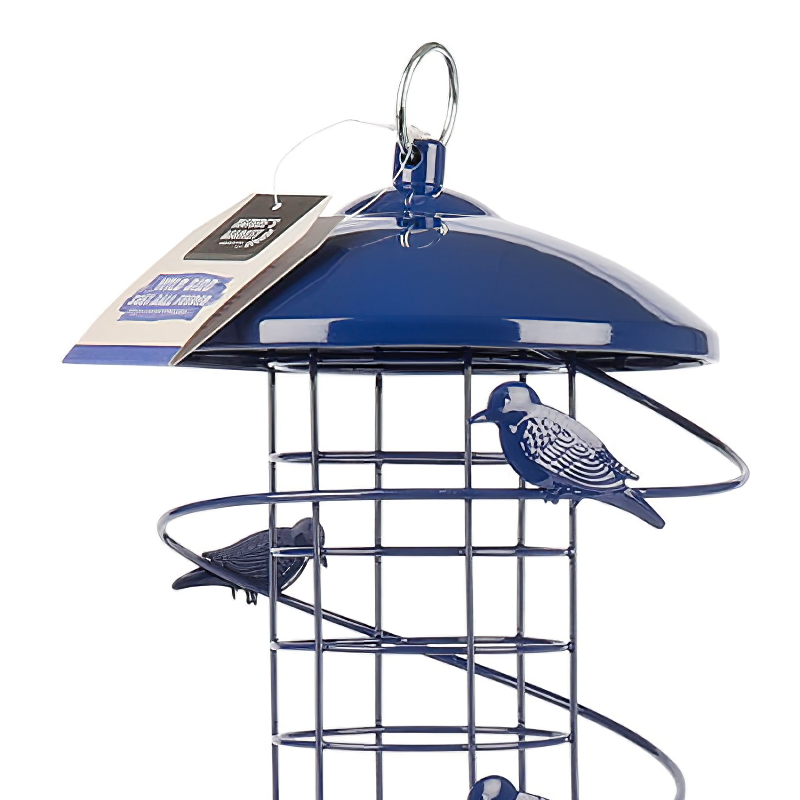 Blue bird food feeder with decorative bird designs for small birds.