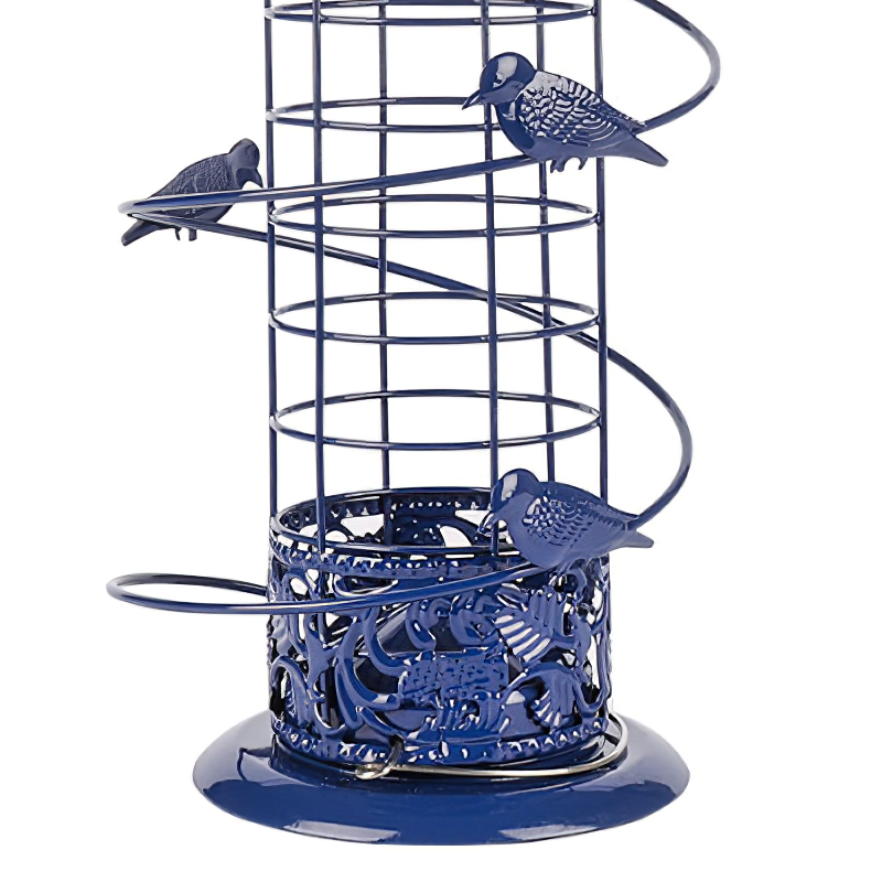 Blue metal bird feeder with decorative bird designs and spiral perch for small birds.