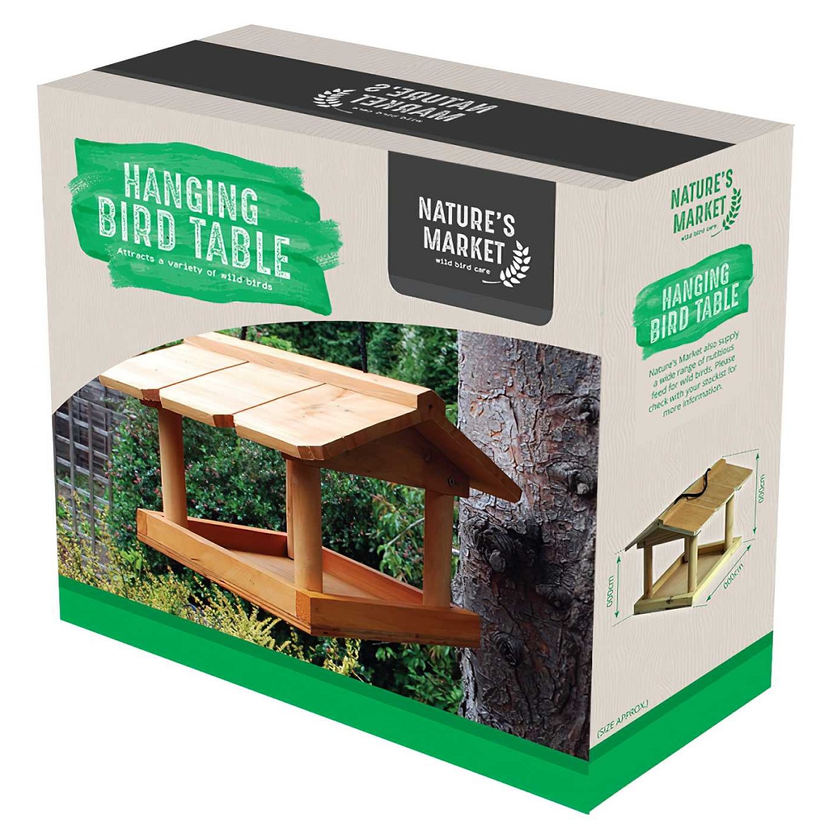 Box packaging of a wooden bird feeder table hanging in a garden.