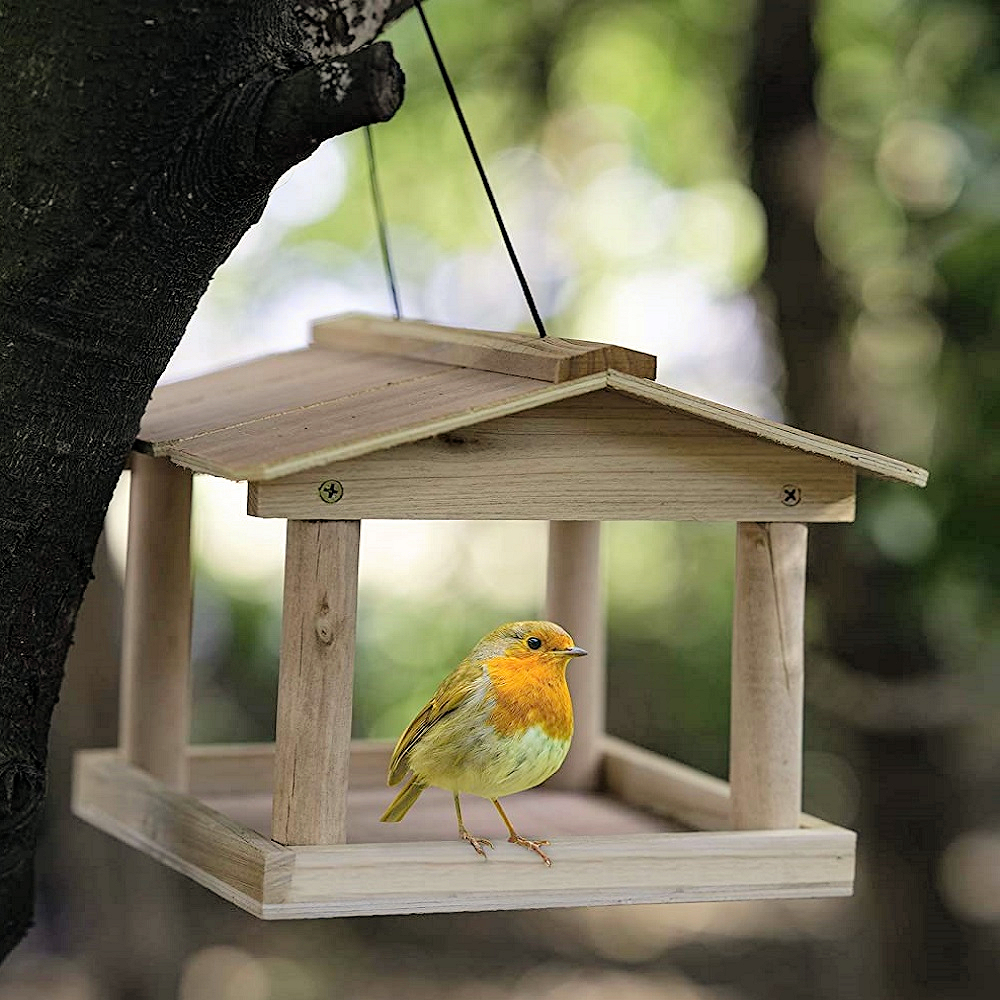 Wooden bird feeder hanging from a tree with a small bird inside.