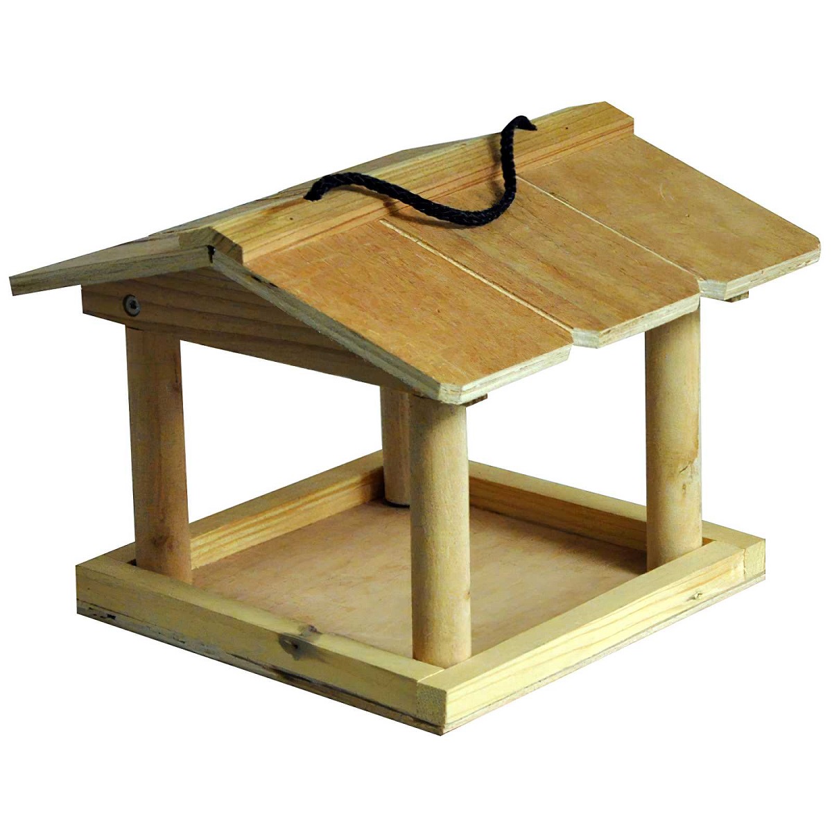 Wooden bird feeder table with a covered roof and hanging rope for garden use.