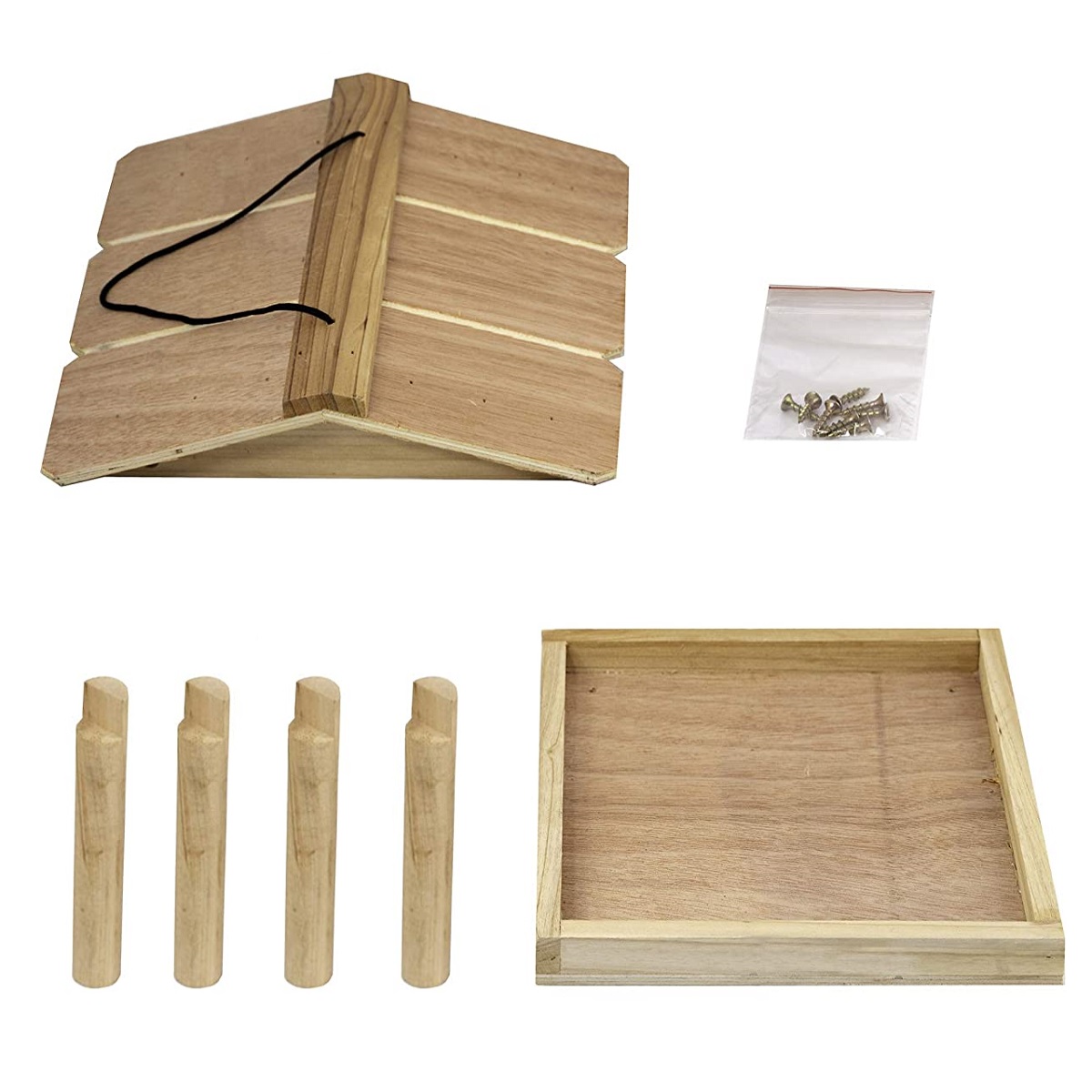 Components of a wooden bird feeder including a roof, base, four legs, and screws.