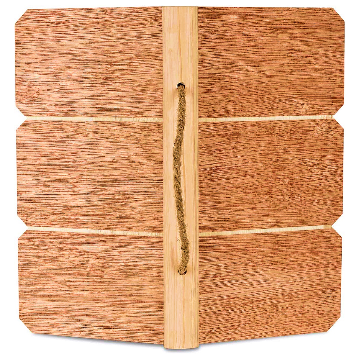 Wooden bird feeder table with a hanging rope, featuring a natural wood finish.