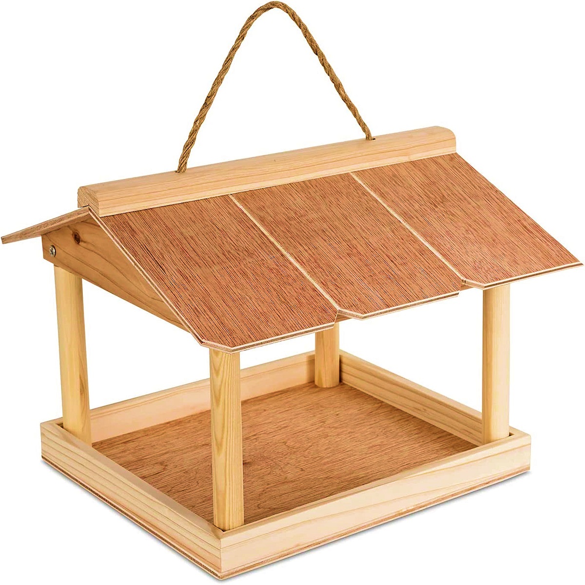Wooden bird feeder table with a covered roof and hanging rope, designed for garden use.