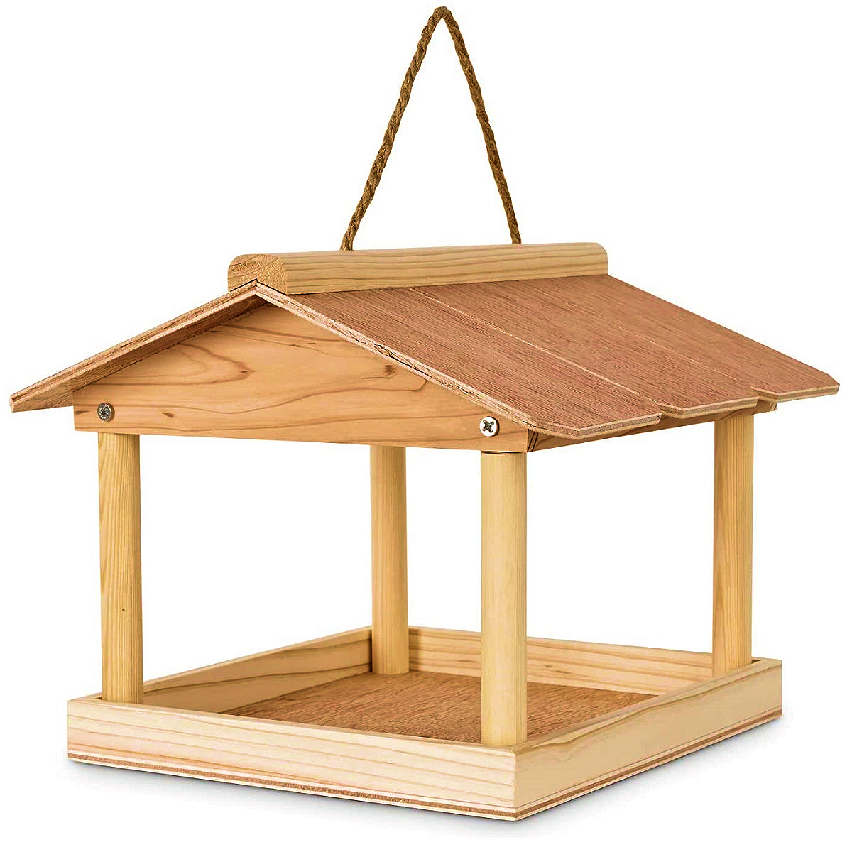Wooden bird feeder table with a covered roof and hanging rope.