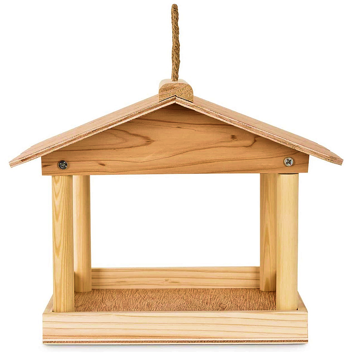 Hanging wooden bird feeder with a covered roof, designed for garden use.