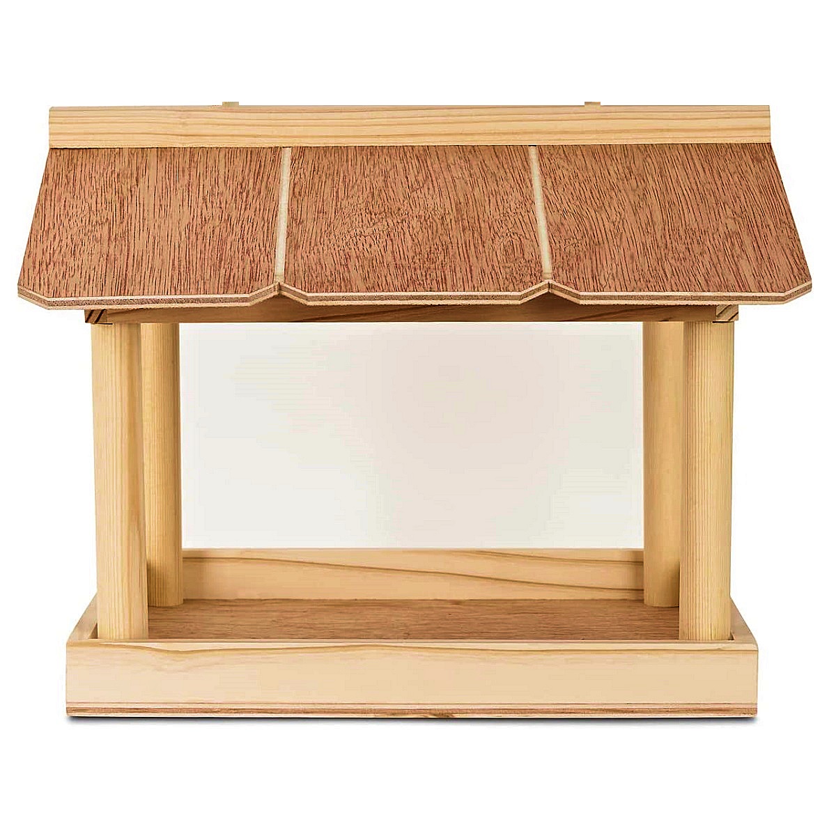 Wooden bird feeder table with a covered roof, designed for garden use.