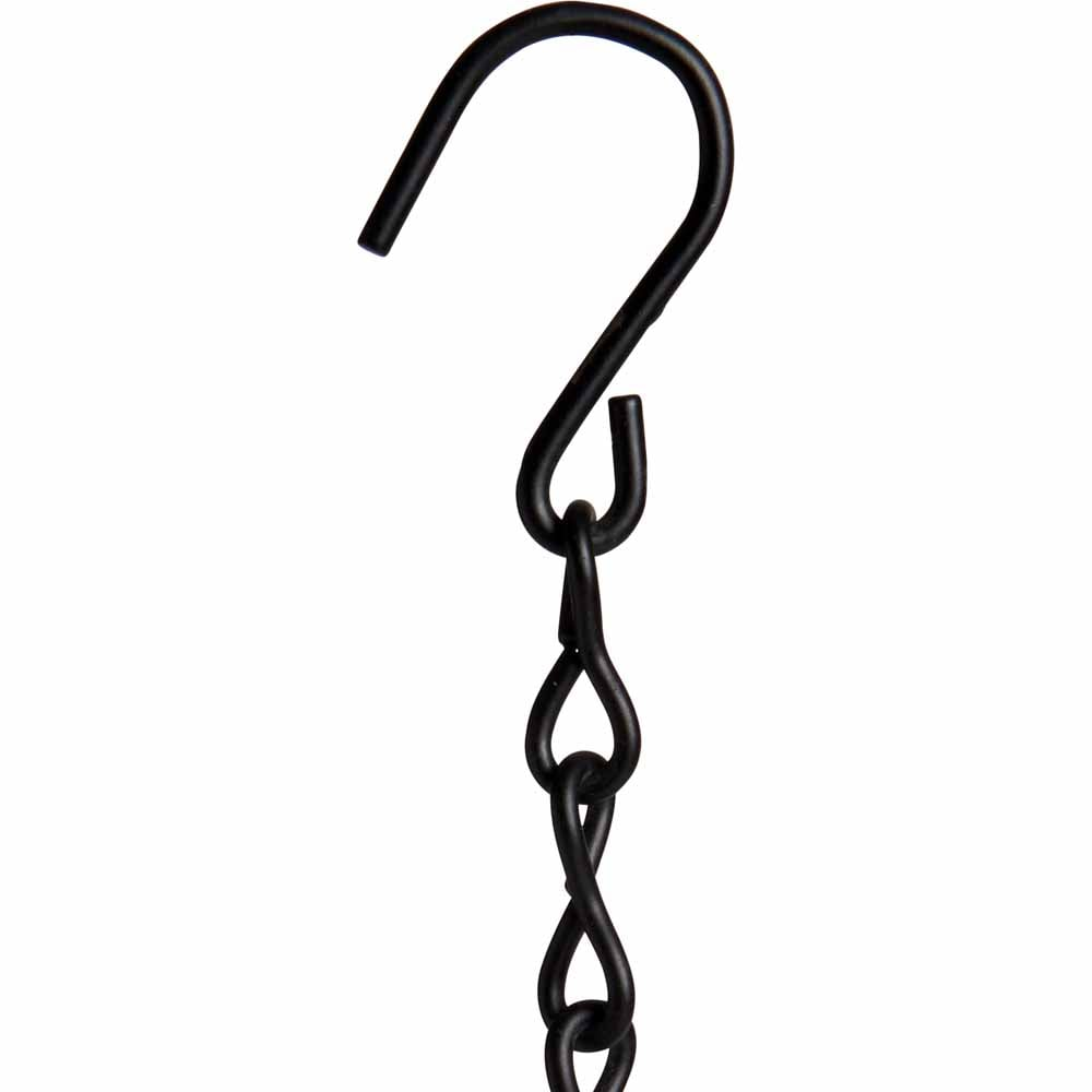 Close-up of a black metal hook and chain for hanging a bird feeder.
