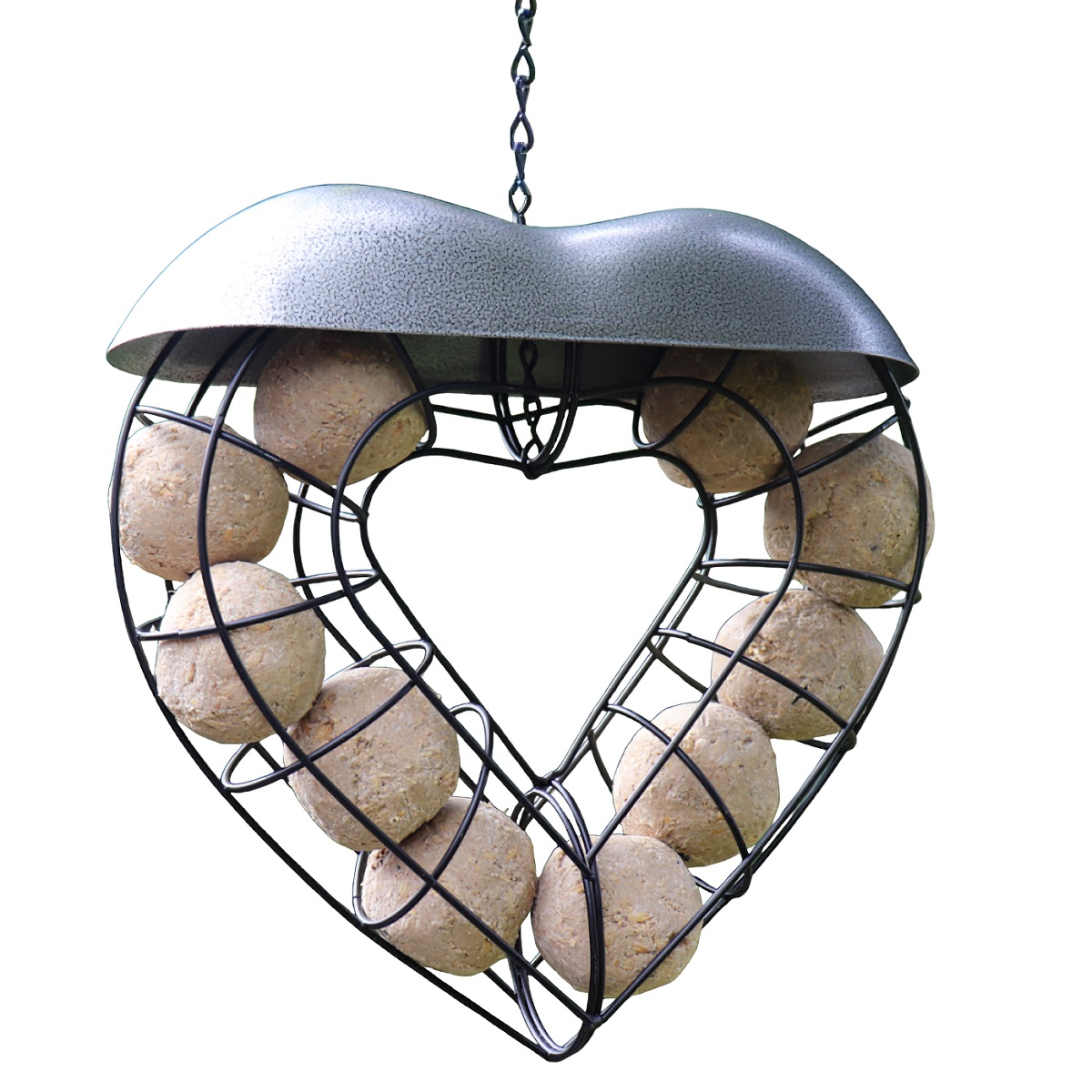 Heart-shaped suet ball bird feeder with a metal roof and wire design, filled with suet balls.
