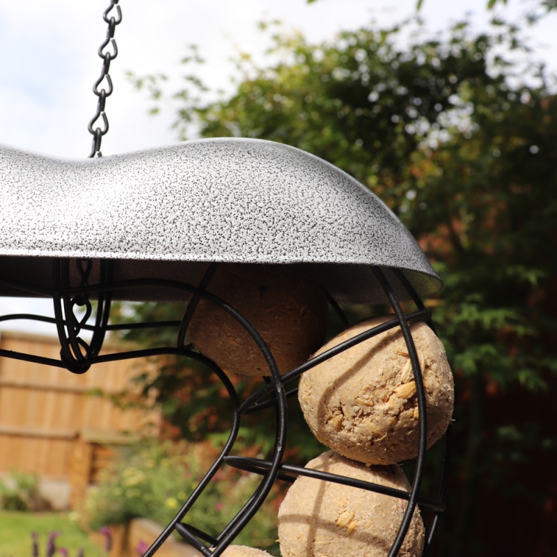 Heart-shaped suet ball bird feeder with a metal cover, hanging in a garden setting.