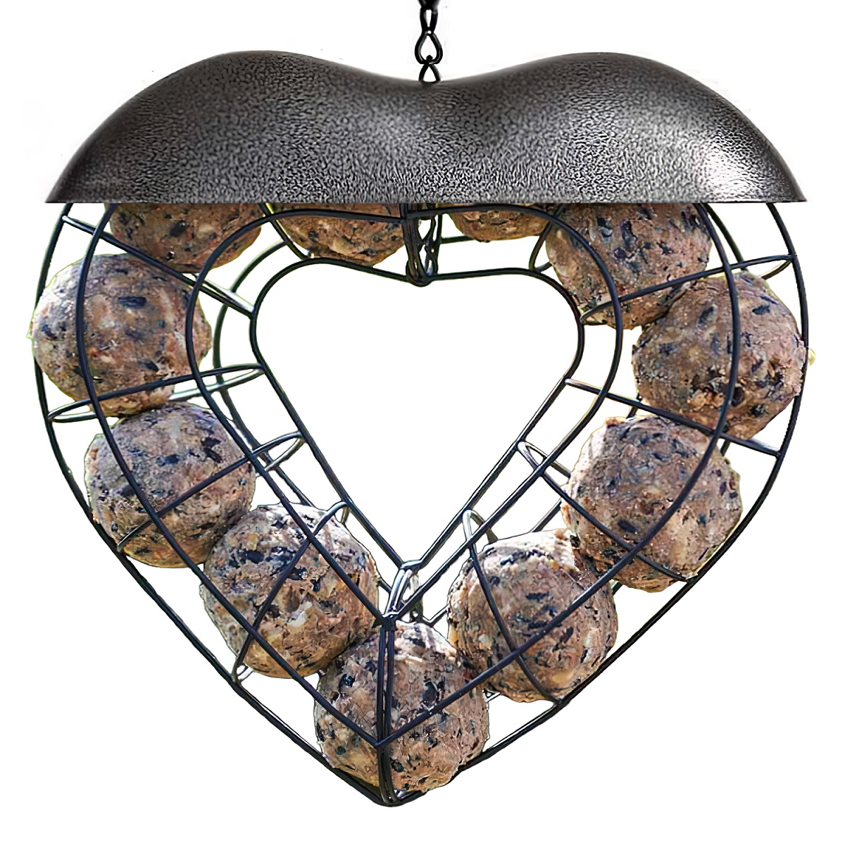 Heart shaped suet ball bird feeder with metal frame and suet balls inside.