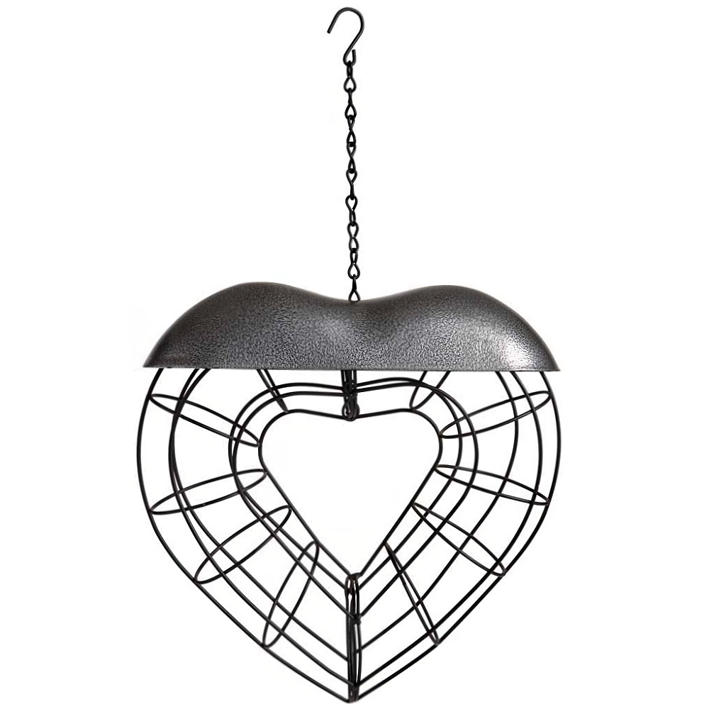 Heart-shaped suet ball bird feeder with a black wireframe design and a curved top.