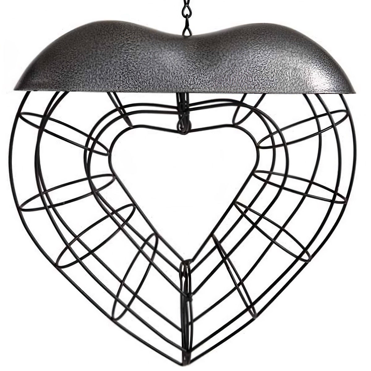 Heart-shaped metal bird feeder with a decorative design.