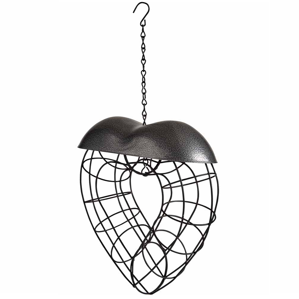 Heart-shaped suet ball bird feeder with a metal wire design and hanging chain.