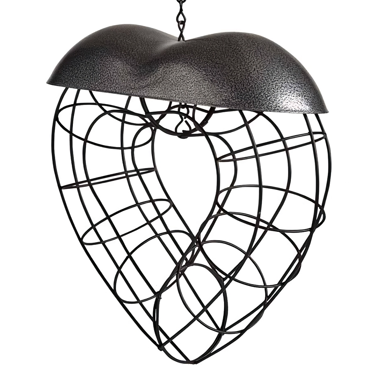Heart-shaped wire suet ball bird feeder with a metal top.