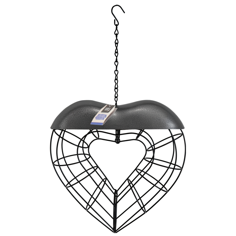 Heart-shaped suet ball bird feeder with a metal frame and hanging chain.
