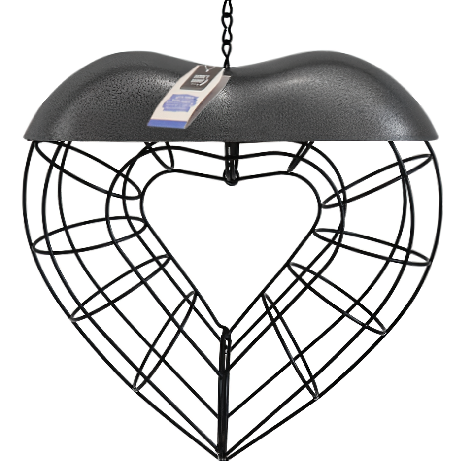 Heart shaped suet ball bird feeder with a black wireframe design and grey top.