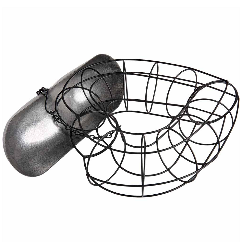 Heart-shaped metal suet ball bird feeder with a chain for hanging.