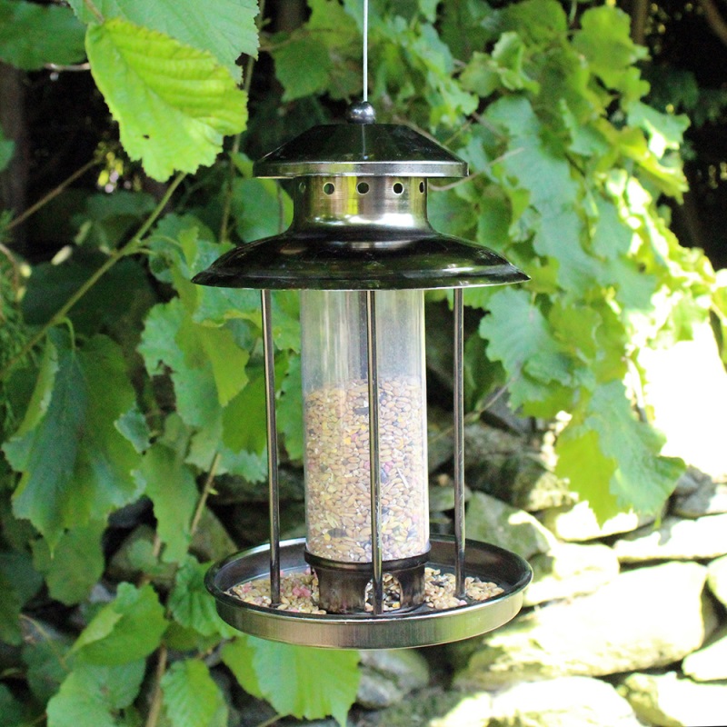 Bird feeder hanging in a garden filled with seed mix, surrounded by green leaves.