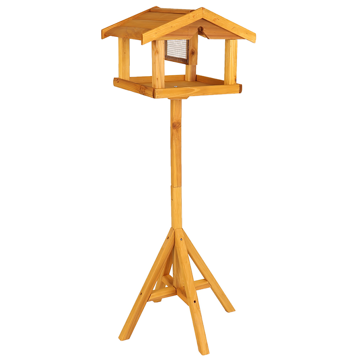 Wooden bird table with built-in nut feeder on a tripod stand.