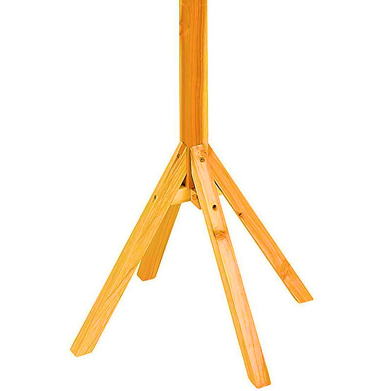 Wooden base of a bird table with tripod legs for stability.