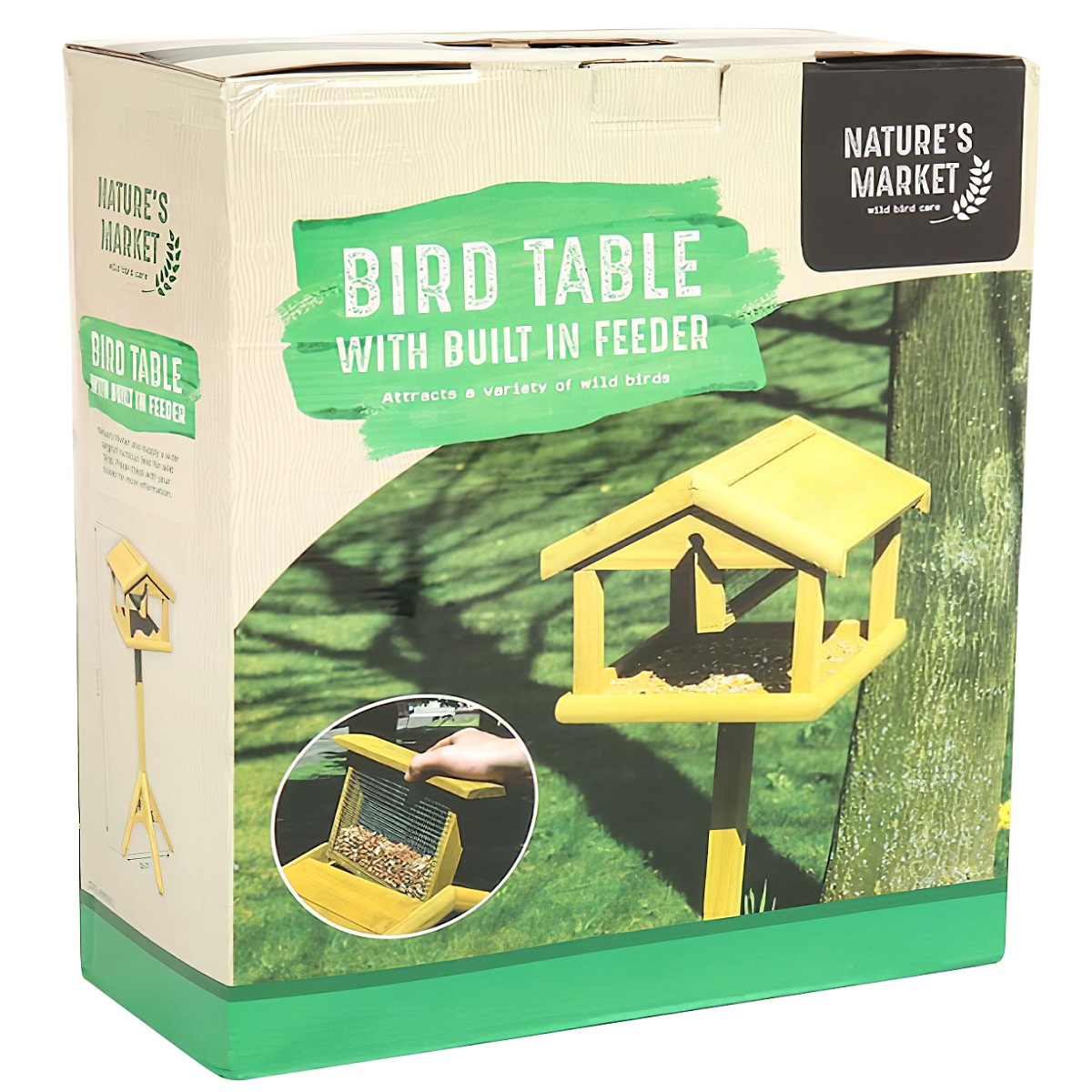 Flat-packed wooden bird table with built-in seed and nut feeder, shown in retail packaging.