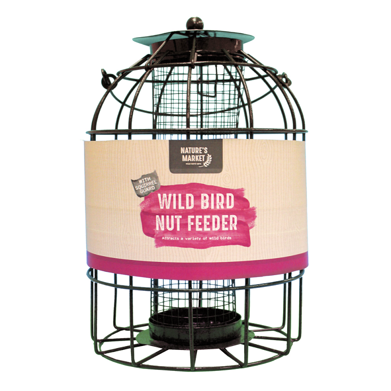 Black metal bird feeder with squirrel guard.