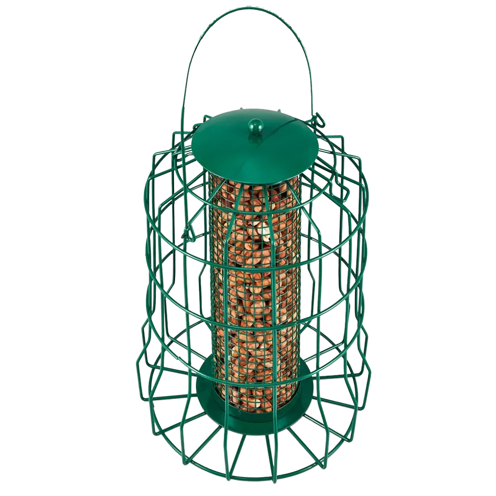 Green squirrel guard nut and peanut bird feeder with wire cage design.
