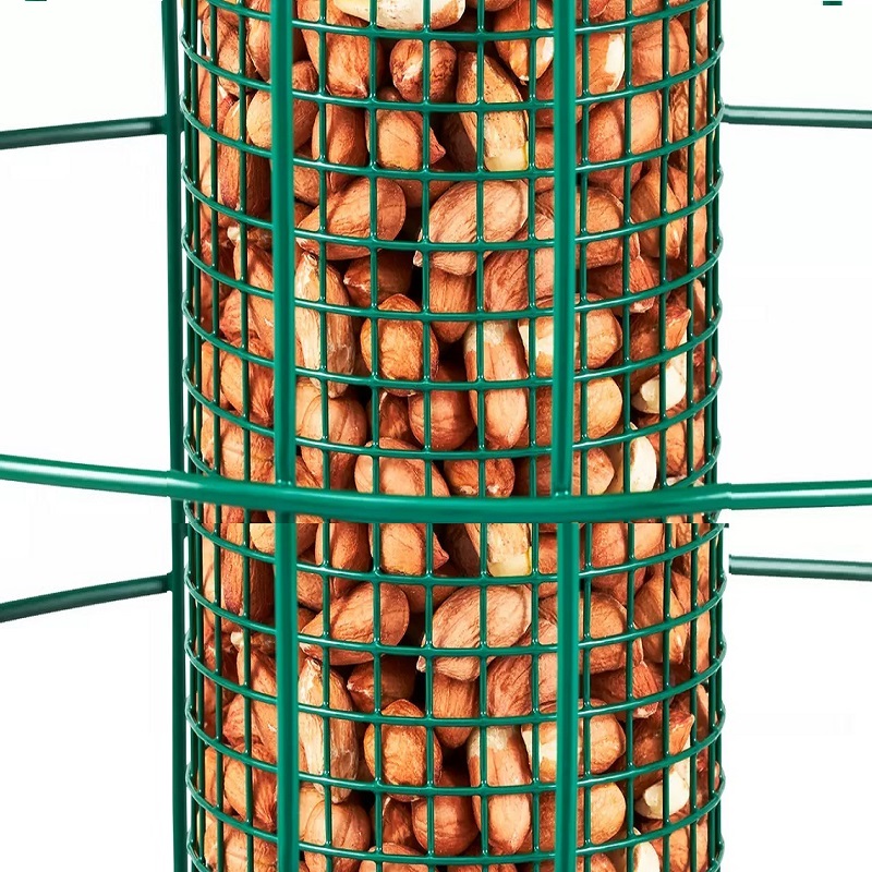 Close-up of a green squirrel guard bird feeder filled with nuts and peanuts.