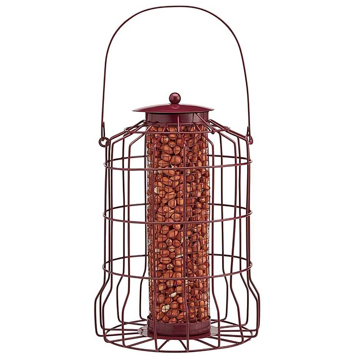 Red squirrel guard nut peanut bird feeder with protective cage.