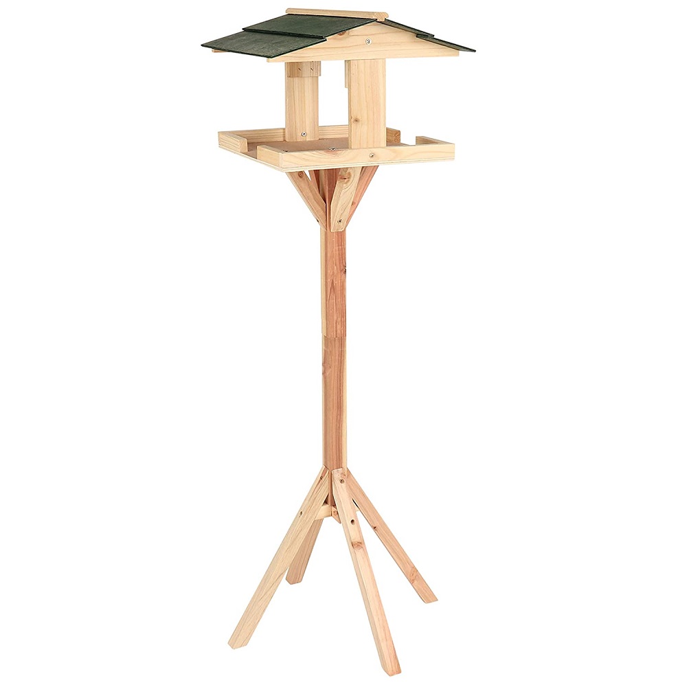 Wooden garden bird table with a green roof and sturdy base.