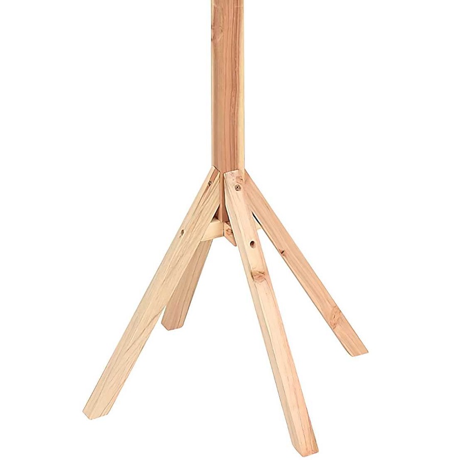 Base of a traditional wooden garden bird table with tripod legs.