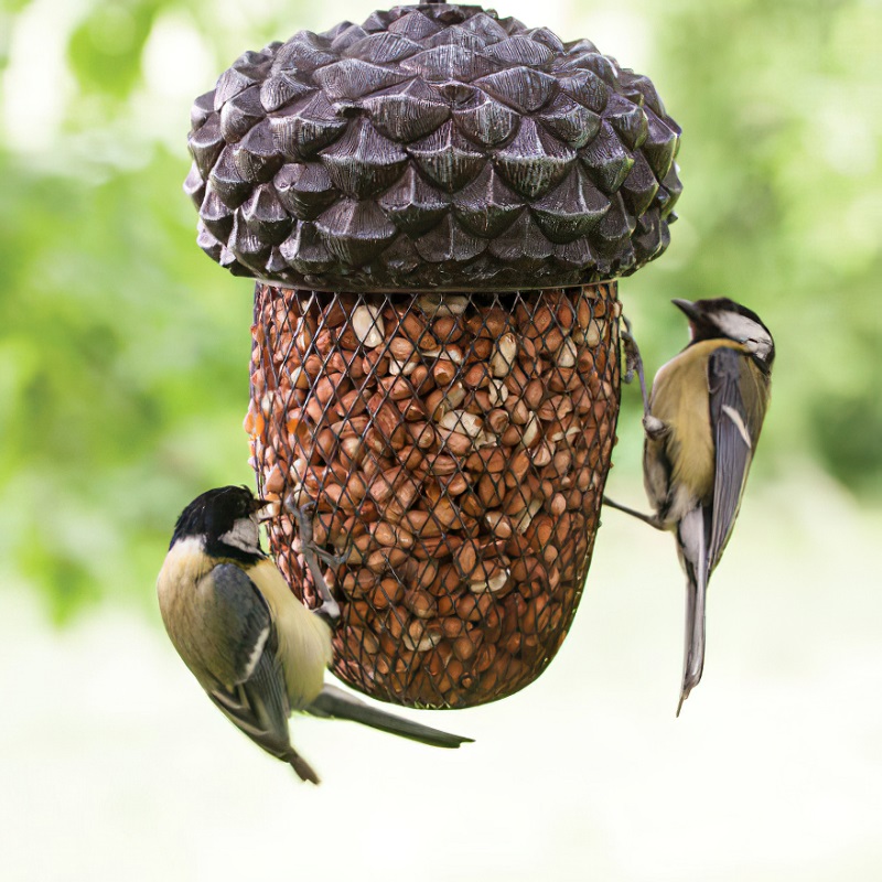 Two birds feeding from an acorn-shaped bird feeder filled with seeds.