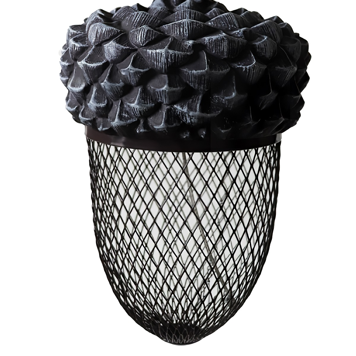 Black acorn-shaped bird feeder with a mesh body for holding seeds.