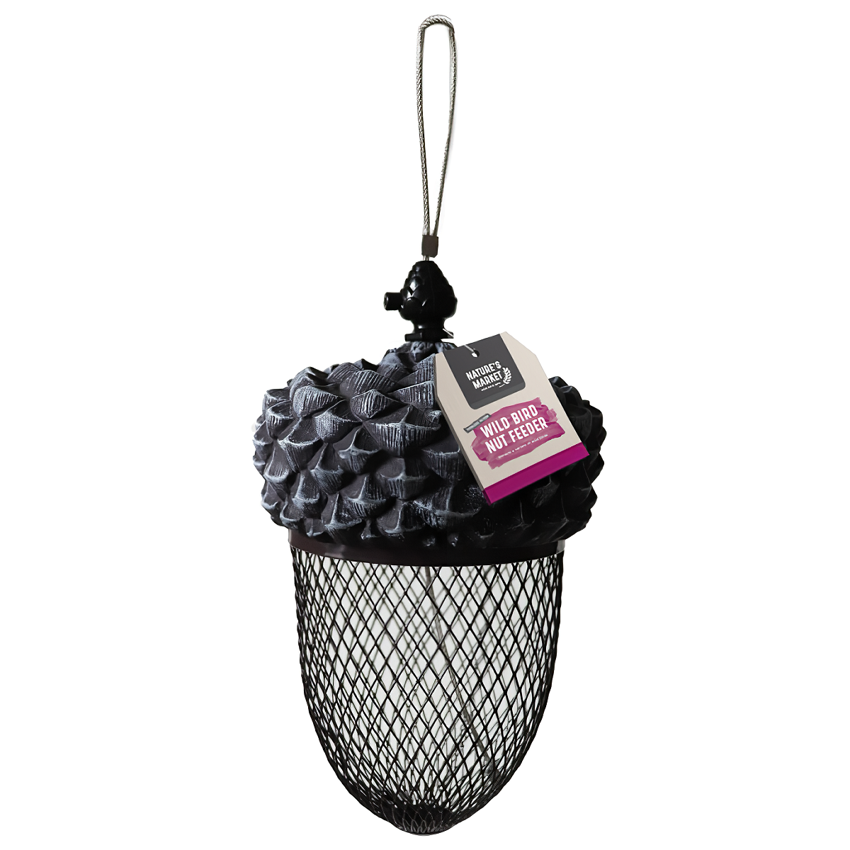 Acorn-shaped wild bird feeder with mesh design for holding seeds.