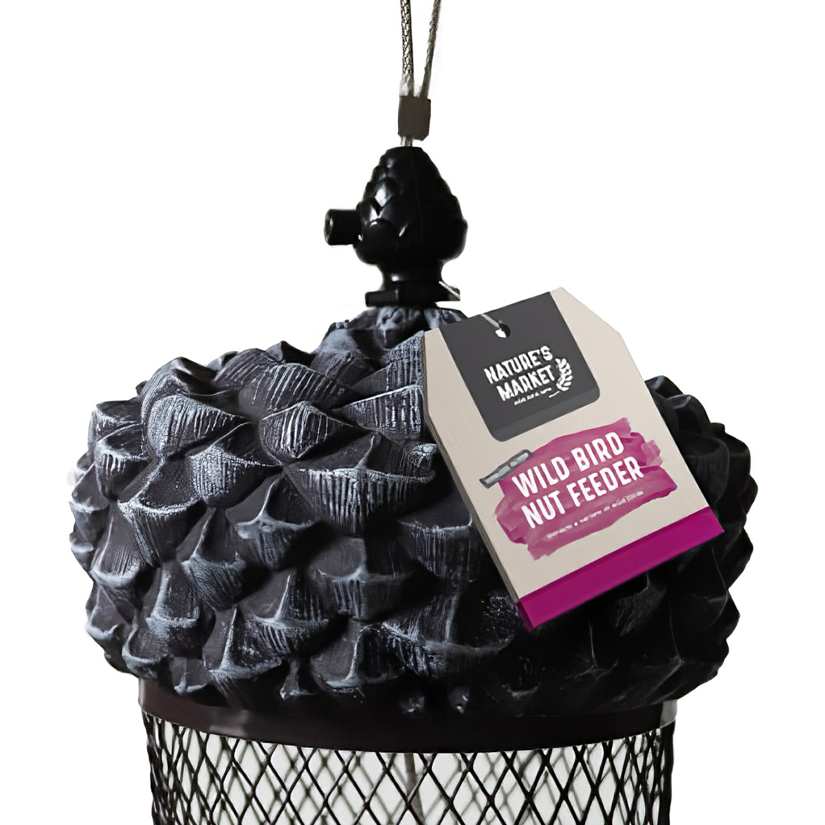 Close-up of a wild bird feeder with acorn-shaped top and mesh body, labelled as Wild Bird Nut Feeder.