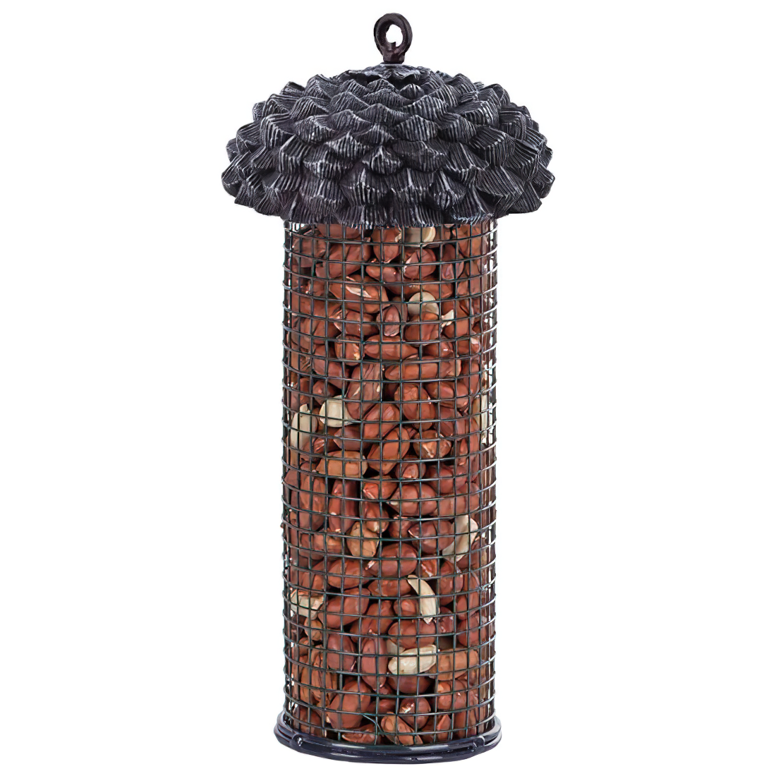Acorn-shaped bird feeder filled with nuts, designed for garden birds.
