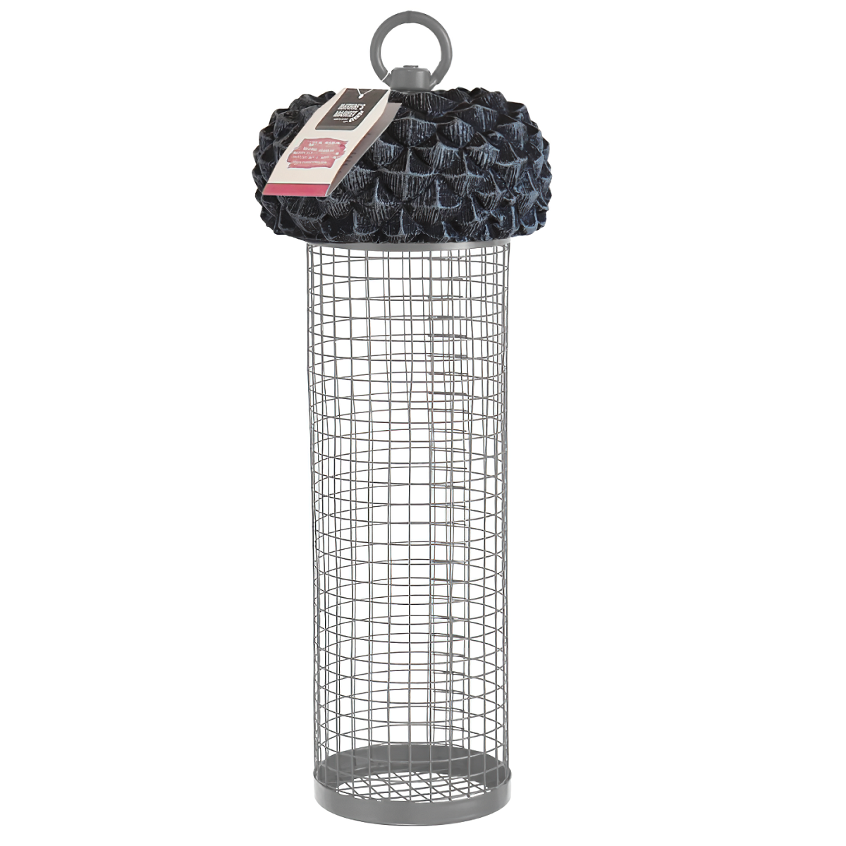 Metal wire acorn-shaped bird feeder for garden birds.