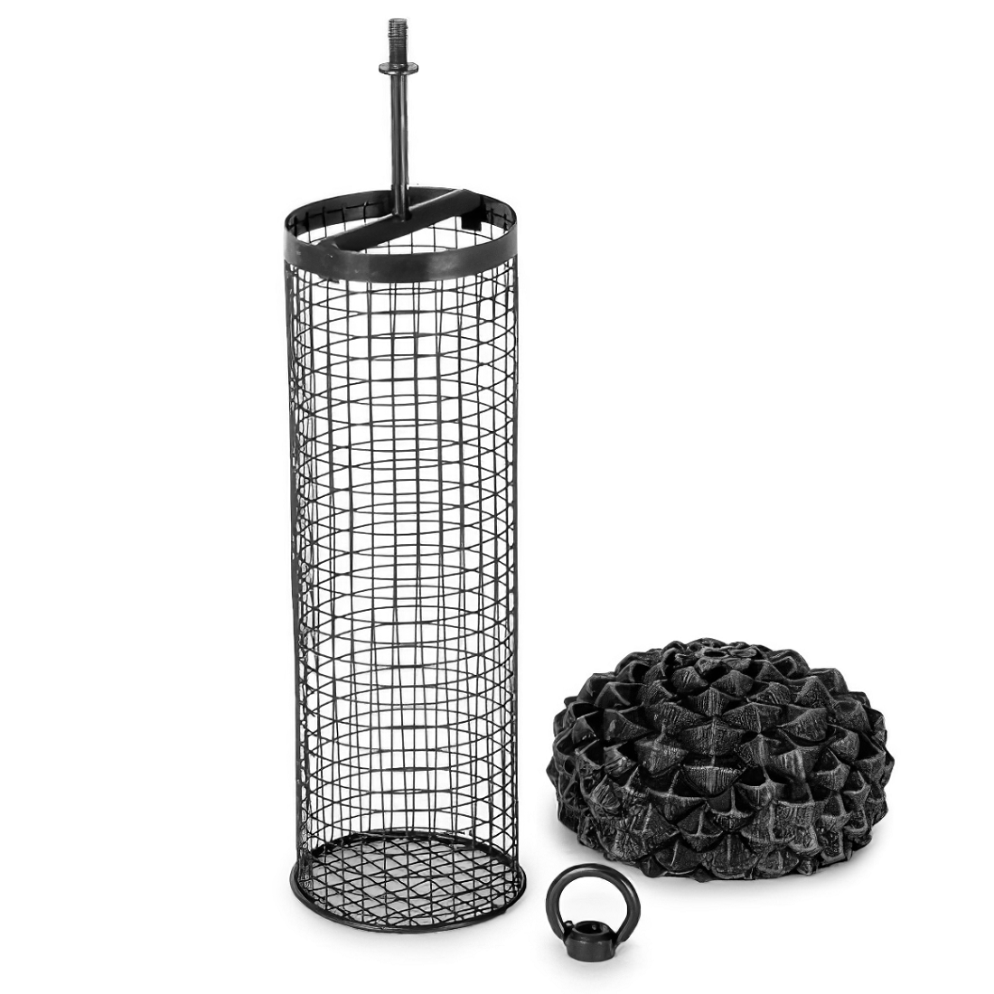 Metal mesh bird feeder with acorn-shaped design for garden birds.